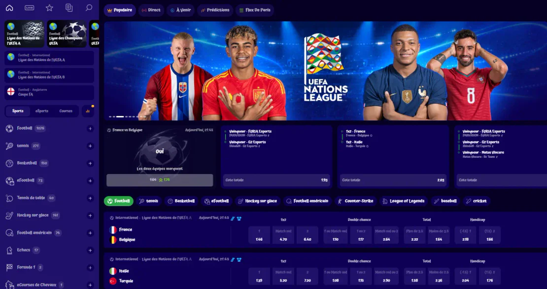 Spingranny-interface voor sportweddenschappen, met voetbalwedstrijden, quoteringen, wedmarkten en diverse sportdisciplines